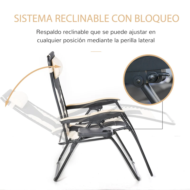 Outsunny Tumbona Plegable y Reclinable de Acero con Portavasos Reposacabezas Extraíble y Reposabrazos para Exterior Jardín 90x75x110 cm Beige