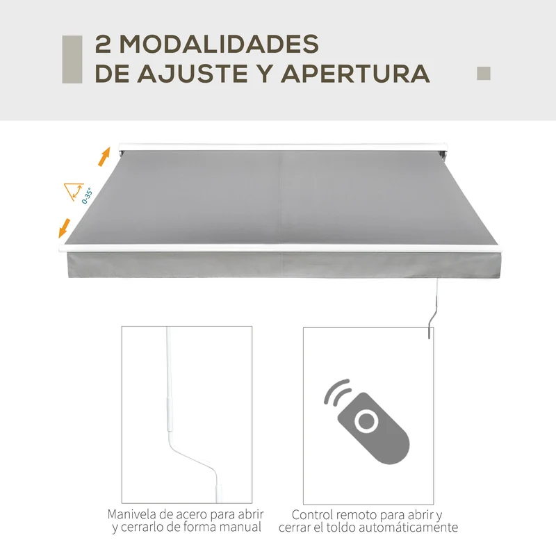 Outsunny Toldo Retráctil de Pared 250x200 cm Automática y Manual con Manivela y Mando a Distancia Luces LED Ajustable en Ángulo para Exterior Balcón Jardín Terraza Aluminio Gris
