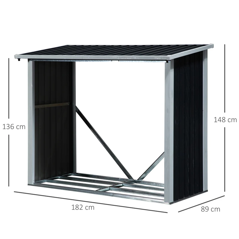 Outsunny Casetilla para Leña de Acero Galvanizado Cobertizo Leñero Almacenaje con Imbornal para Jardín Exteriores con Techo Inclinado 182x89x136/148 cm Gris Oscuro