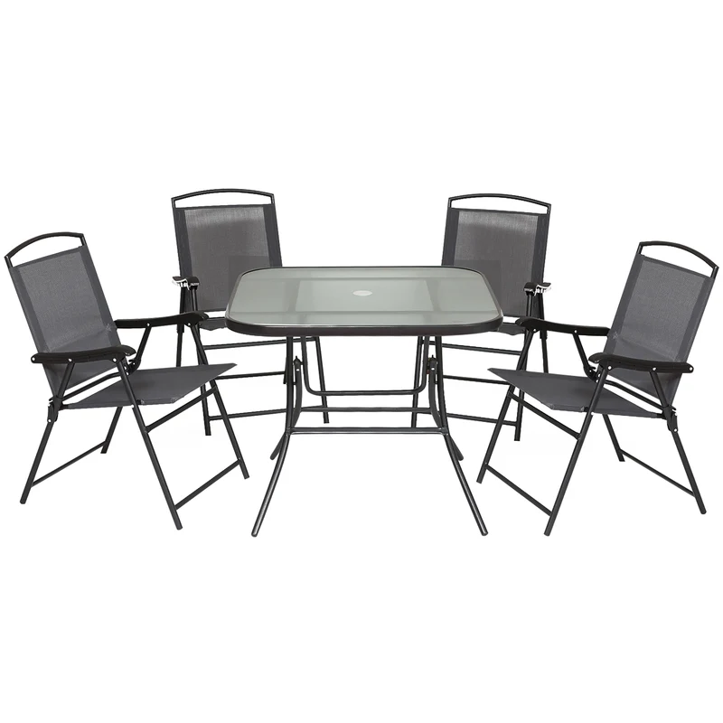 Outdoor Juego de Comedor de Jardín de 5 Piezas Sillas y Mesas Plegables Muebles Exteriores para Terraza con Orificio para Sombrillas