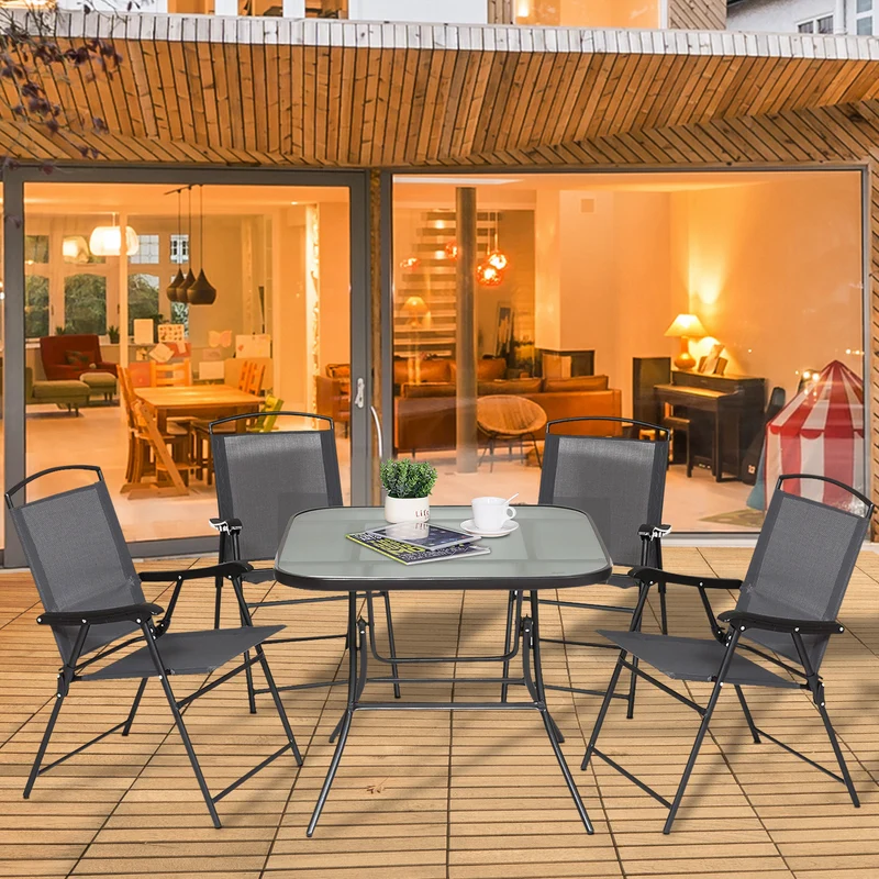Outdoor Juego de Comedor de Jardín de 5 Piezas Sillas y Mesas Plegables Muebles Exteriores para Terraza con Orificio para Sombrillas