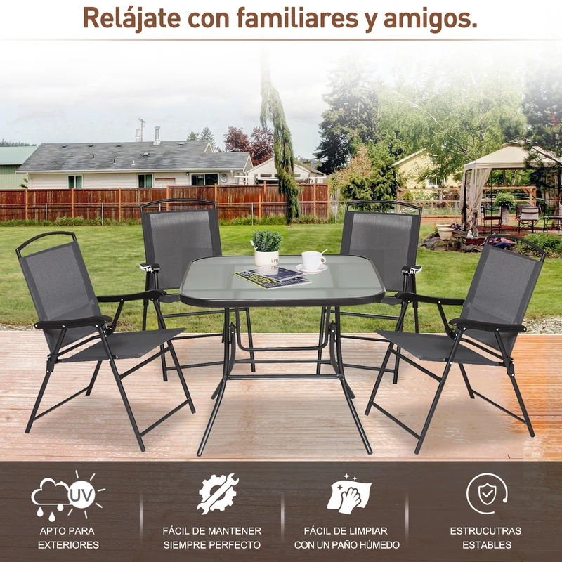 Outdoor Juego de Comedor de Jardín de 5 Piezas Sillas y Mesas Plegables Muebles Exteriores para Terraza con Orificio para Sombrillas