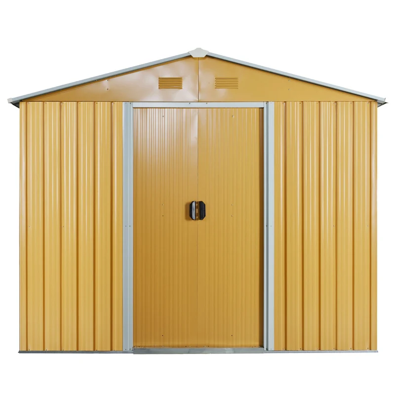Outsunny Caseta de Jardín Exterior 3,6 m² 236x174x190 cm Cobertizo de Jardín Exterior con 2 Puertas Correderas Techo Inclinado y 4 Ventanas para Patio Terraza Amarillo Mostaza