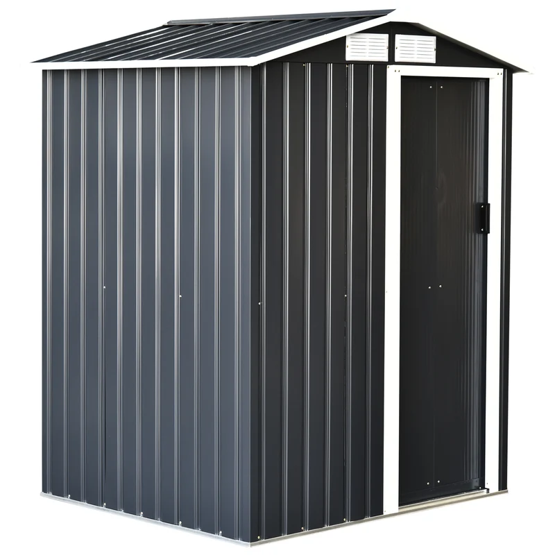 Outsunny Caseta de Jardín Metálica 150x130x186 cm Cobertizo para Almacenaje de Herramientas con Techo Inclinado 4 Ventilaciones para Terraza Exterior Gris y Blanco