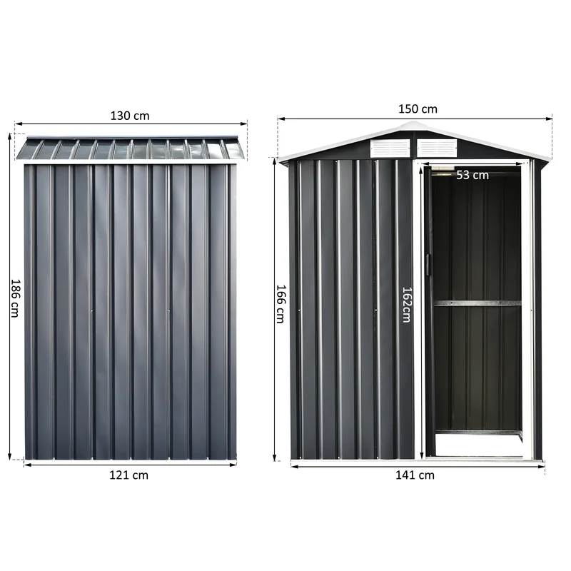Outsunny Caseta de Jardín Metálica 150x130x186 cm Cobertizo para Almacenaje de Herramientas con Techo Inclinado 4 Ventilaciones para Terraza Exterior Gris y Blanco