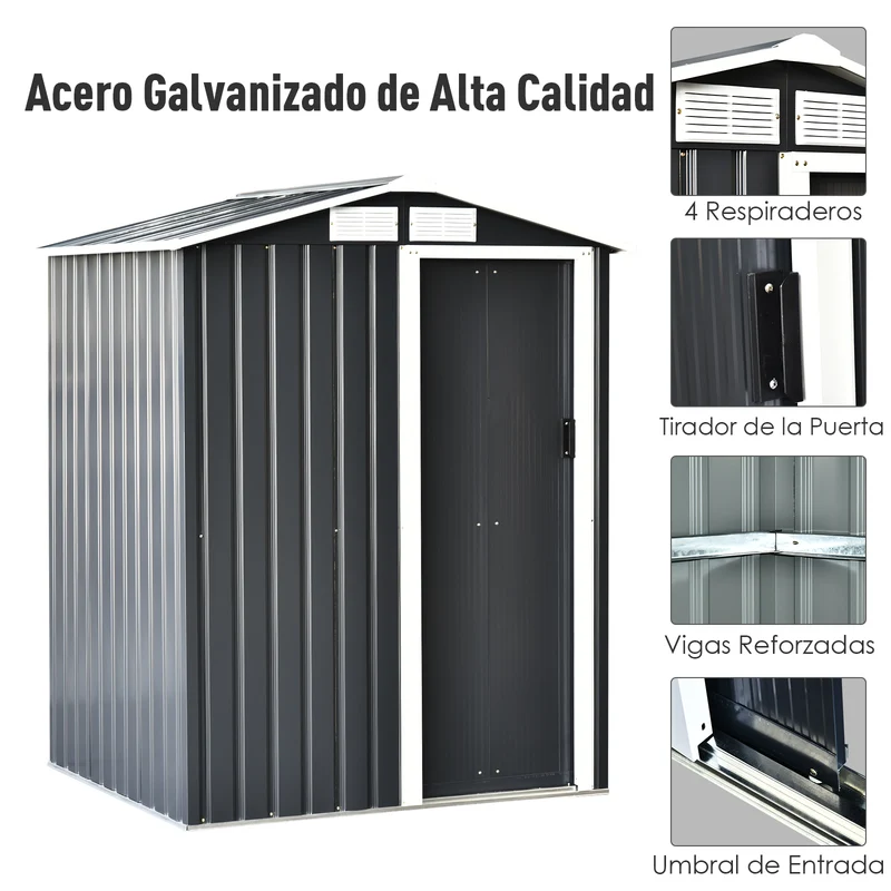 Outsunny Caseta de Jardín Metálica 150x130x186 cm Cobertizo para Almacenaje de Herramientas con Techo Inclinado 4 Ventilaciones para Terraza Exterior Gris y Blanco