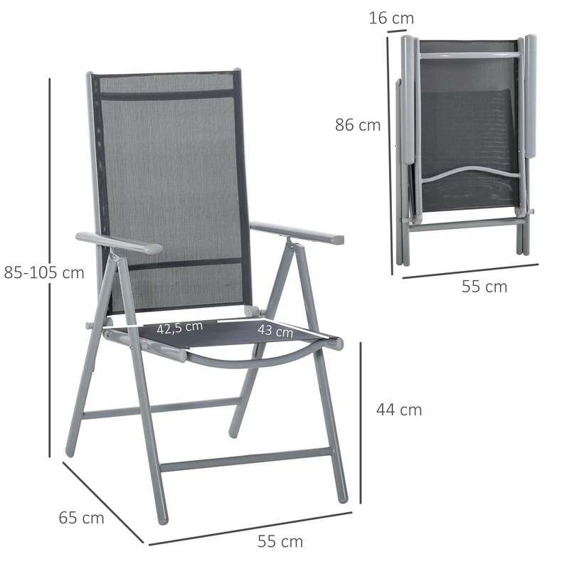 Outsunny Set de 2 Sillas de Comedor de Jardín Plegables de Aluminio con Respaldo Alto Ajustable de 7 Niveles y Reposabrazos Transpirable 65x55x107 cm Gris
