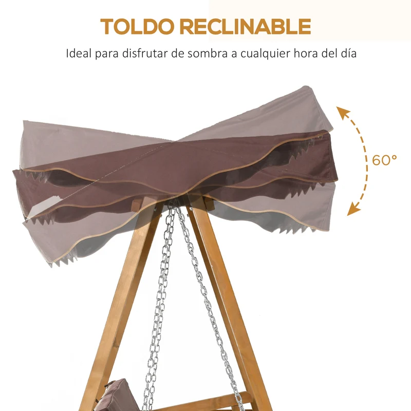 Outsunny Columpio de Jardín de Madera de 3 Plazas con Cojín y Respaldo Acolchados Extraíbles Ángulo del Toldo y Altura del Asiento Ajustable Exteriores 205x130x185 cm Marrón