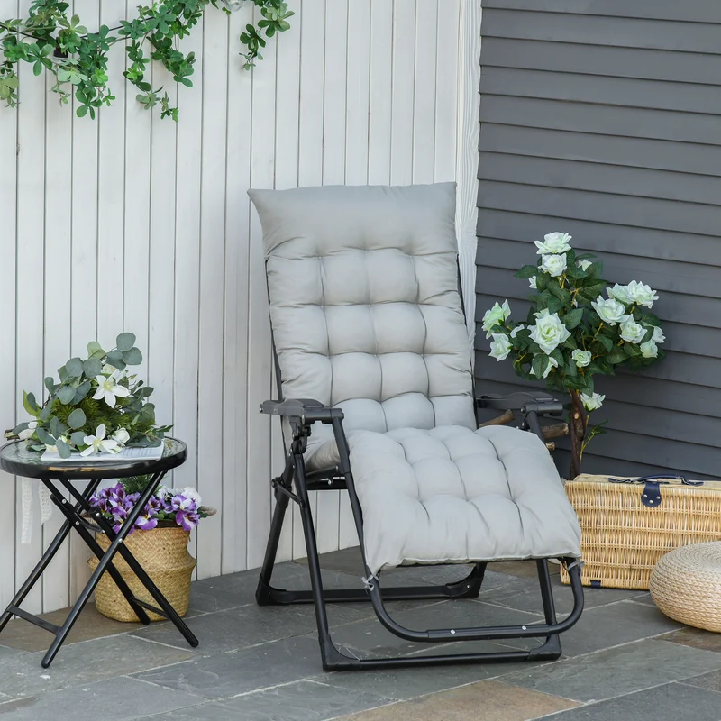 Outsunny Tumbona Plegable Silla Reclinable con Cojín Extraíble Acolchado de Texteline para Patio Playa Jardín Carga 120 kg 90x65x110 cm Gris