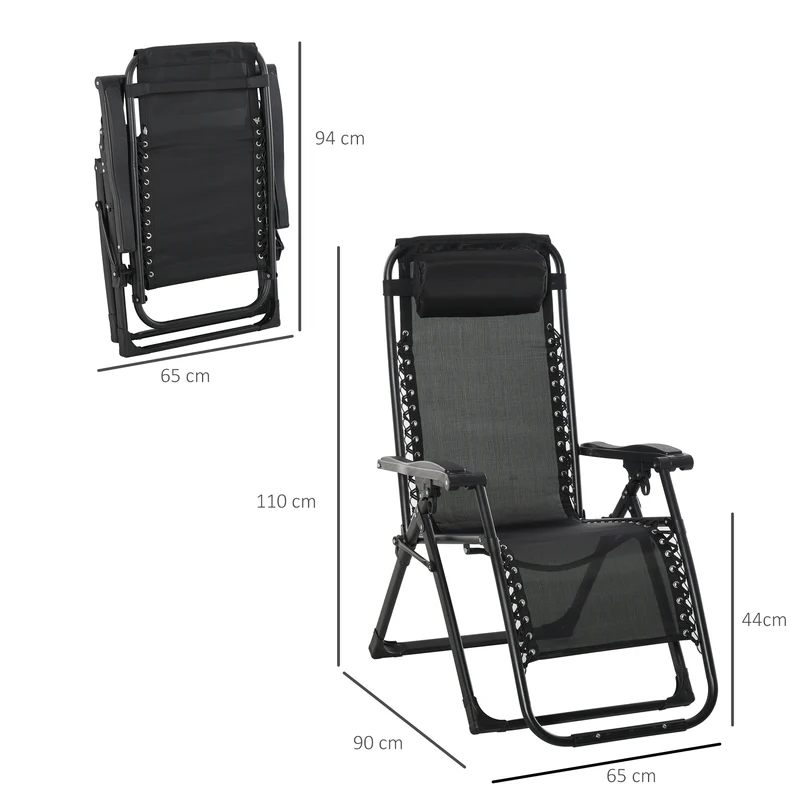 Outsunny Tumbona Plegable Silla Reclinable con Cojín Extraíble Acolchado de Texteline para Patio Playa Jardín Carga 120 kg 90x65x110 cm Gris