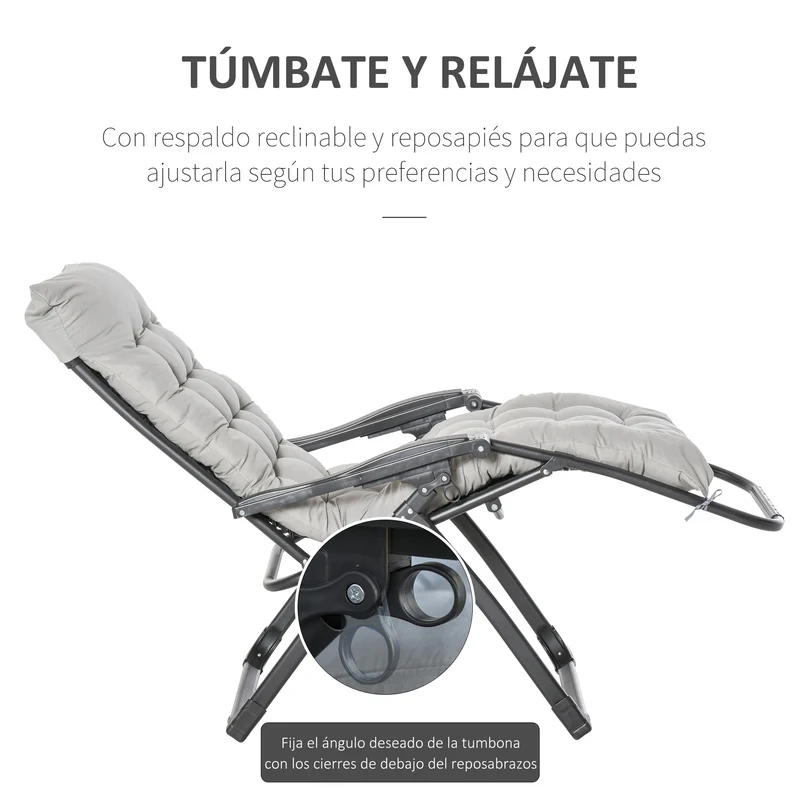 Outsunny Tumbona Plegable Silla Reclinable con Cojín Extraíble Acolchado de Texteline para Patio Playa Jardín Carga 120 kg 90x65x110 cm Gris