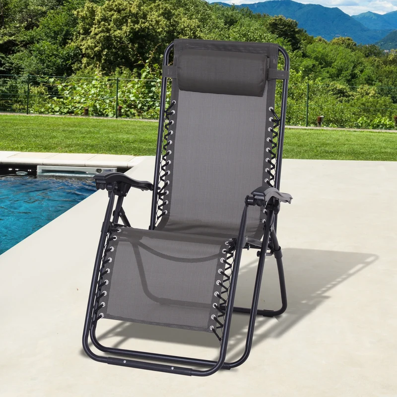 Outsunny Tumbona Plegable de Jardín Silla Gravedad Cero Sillón de Playa Relajante Texteline Marco Acero Carga 120kg 90x65x110 cm Gris