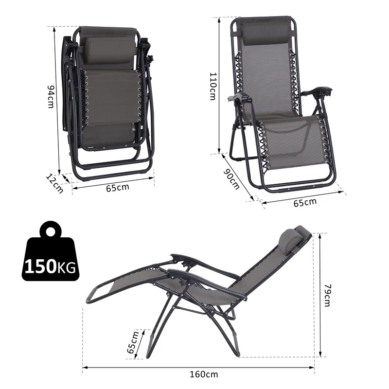 Outsunny Tumbona Plegable de Jardín Silla Gravedad Cero Sillón de Playa Relajante Texteline Marco Acero Carga 120kg 90x65x110 cm Gris