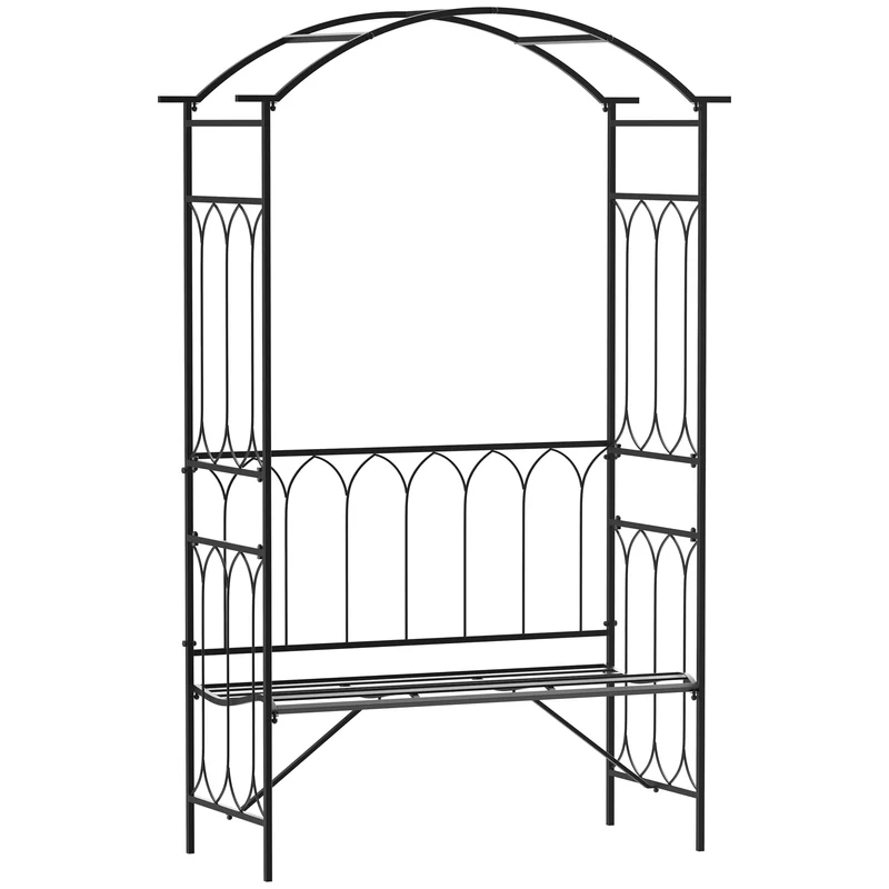 Outsunny Arco de Jardín con Banco Metálico Soporte para Plantas Trepadoras y Rosales para Terraza Patio 115x59x203 cm Negro