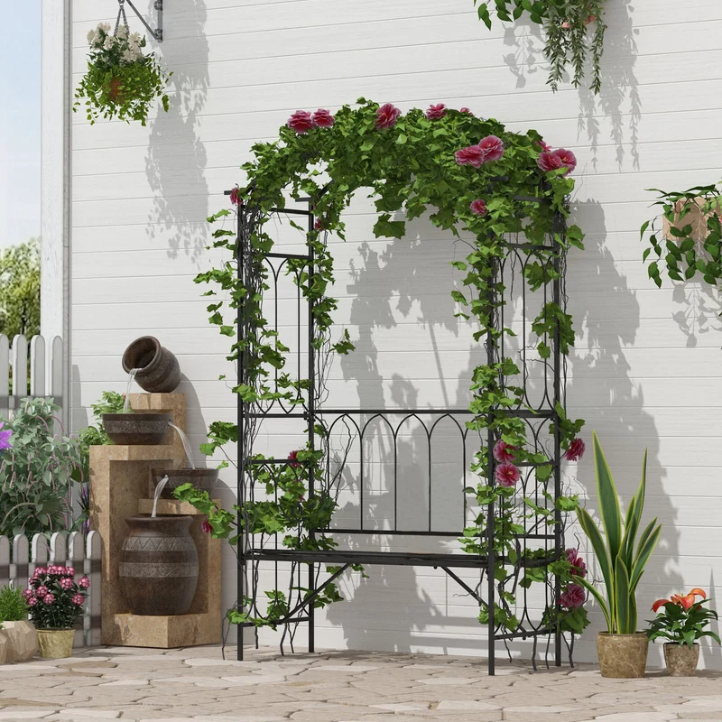 Outsunny Arco de Jardín con Banco Metálico Soporte para Plantas Trepadoras y Rosales para Terraza Patio 115x59x203 cm Negro