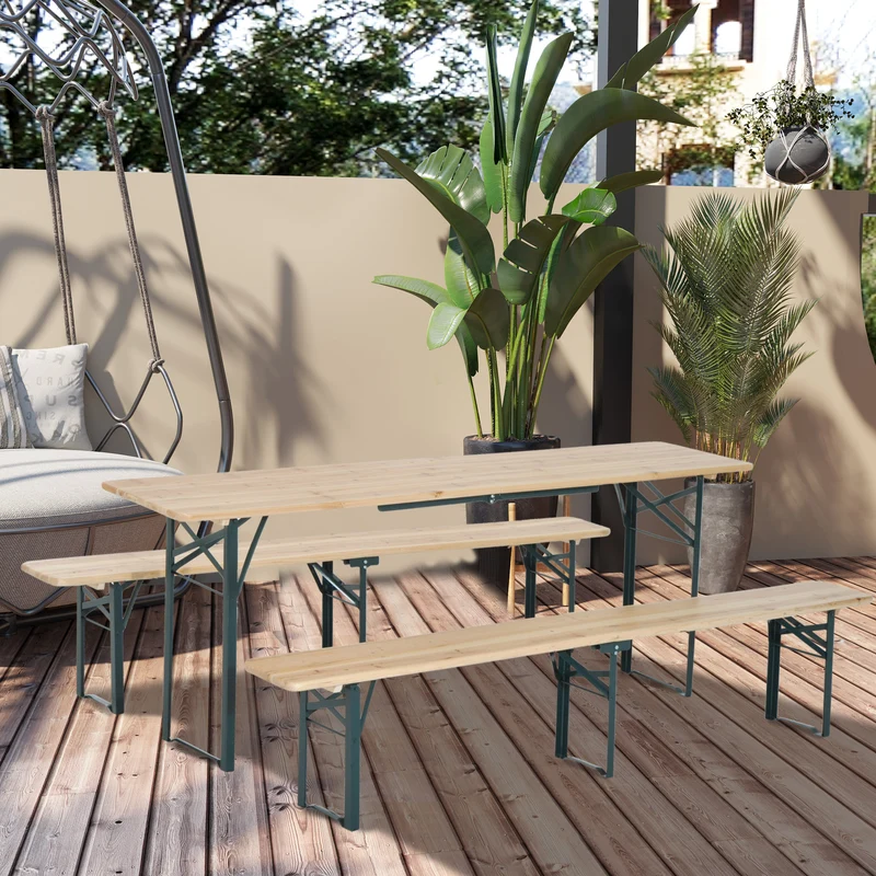 Outsunny Conjunto de muebles de jardín para 4-6 personas Juego de Mesa 218x46x75 cm y 2 Bancos Plegables 218x24,5x43 cm para Exterior Camping Acampada al aire Madera y Verde