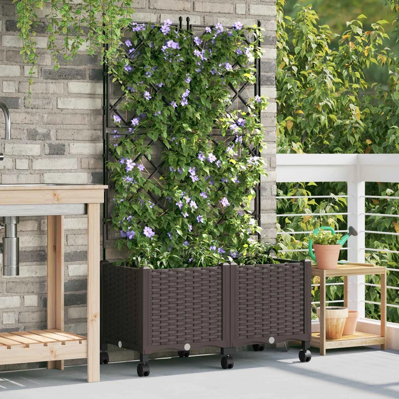 Jardinera Con Enrejado Y Ruedas 2 Uds. Marrón 80 X 40 X 149 Cm