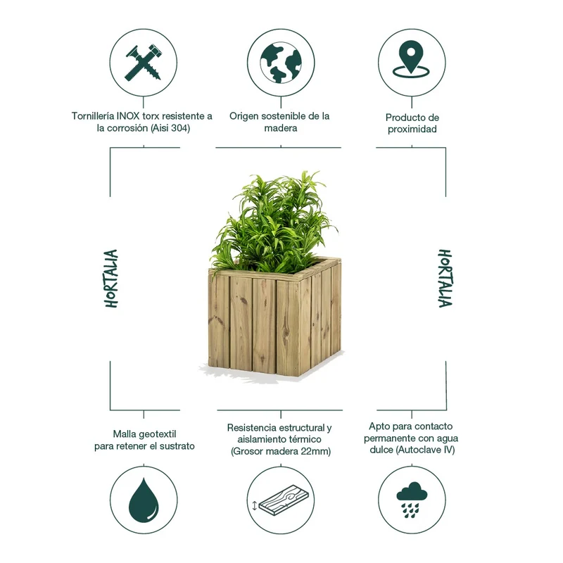 Jardinera De Madera Para Exterior 40x40x40 Cm Atrium Hortalia