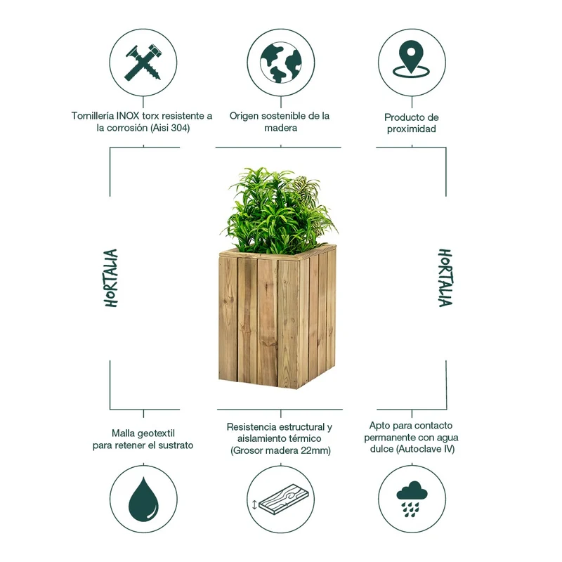 Jardinera De Madera Para Exterior 40x40x60 Cm Atrium Hortalia