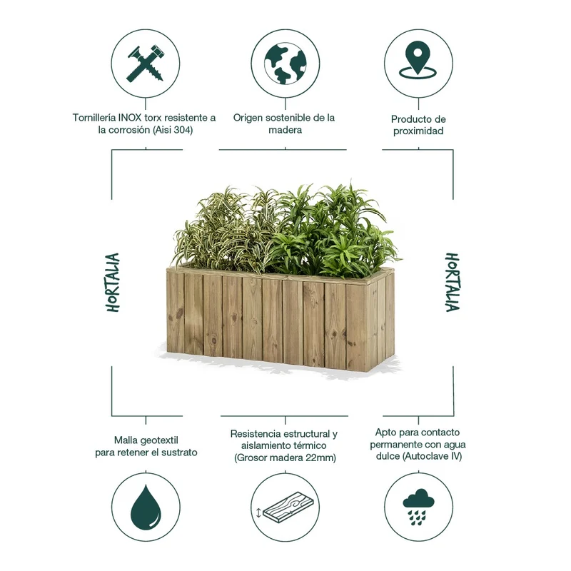 Jardinera De Madera Para Exterior 100x34x40 Cm Atrium Hortalia