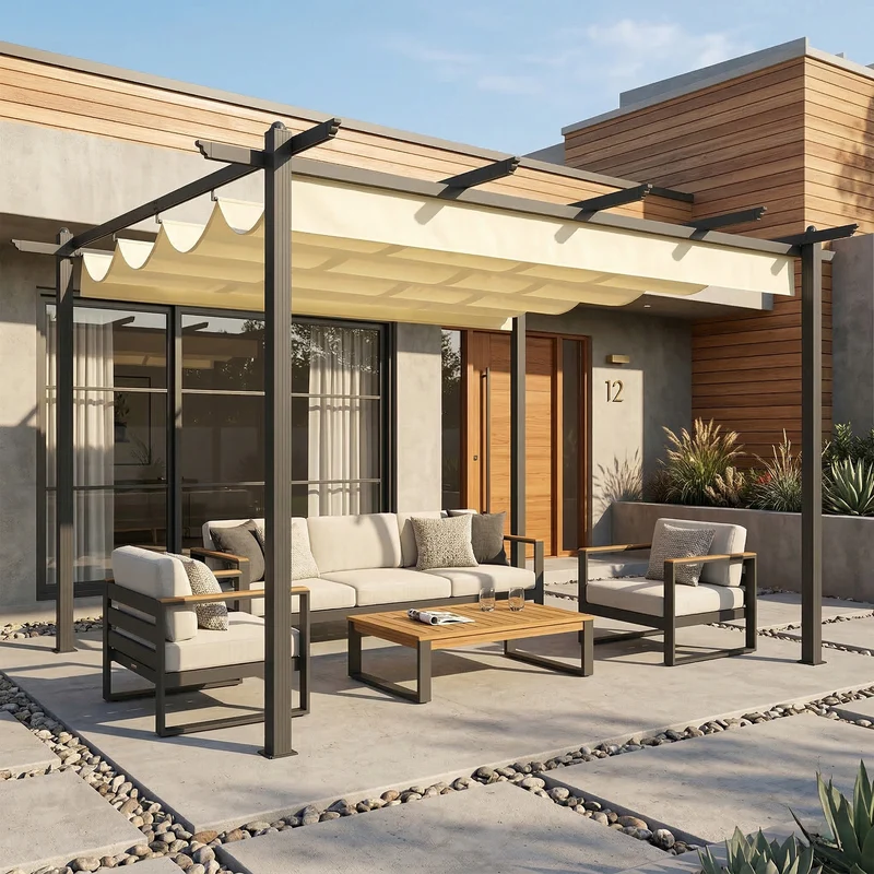 Outsunny Pérgola De Jardín 4x3 M Con Techo Retráctil Y Marco De Aluminio Crema