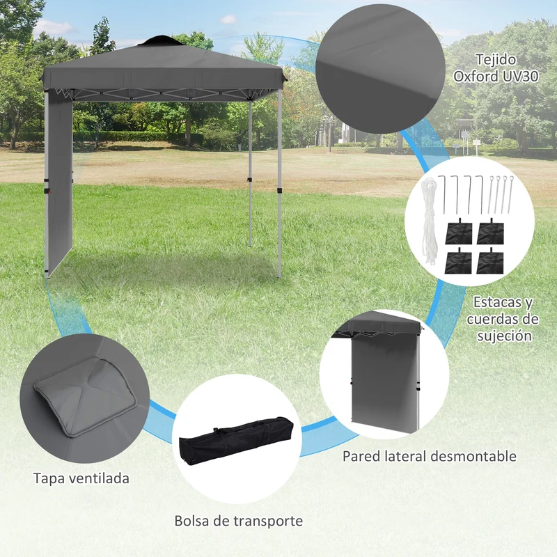 Outsunny Carpa Plegable 2,5x2,5 M Con 1 Pared Lateral Altura Ajustable Gris