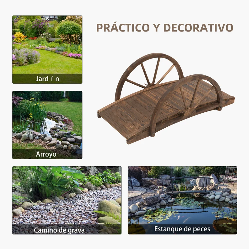 Outsunny Puente De Jardín De Madera Con Barandilla 100x50x37 Cm Carbonizado