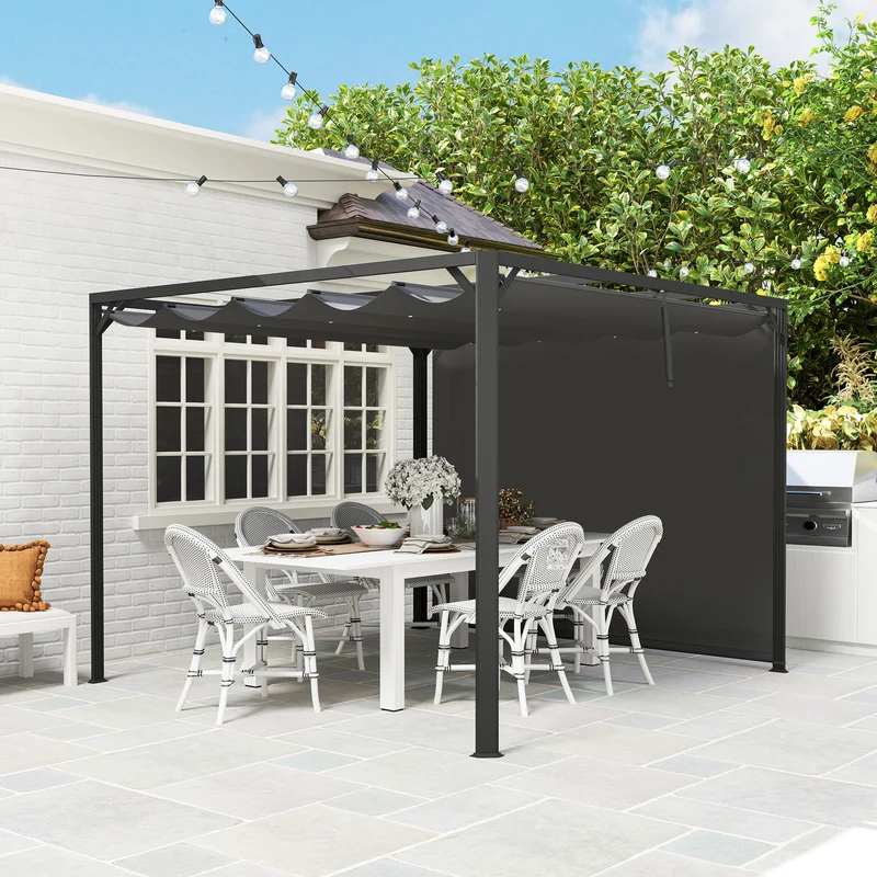 Outsunny Pérgola De Jardín 3x3 M Con Techo Retráctil Y Lateral Enrollable Gris