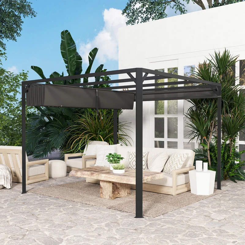 Outsunny Pérgola De Jardín 3x3 M Con Techo Retráctil Y Lateral Enrollable Gris