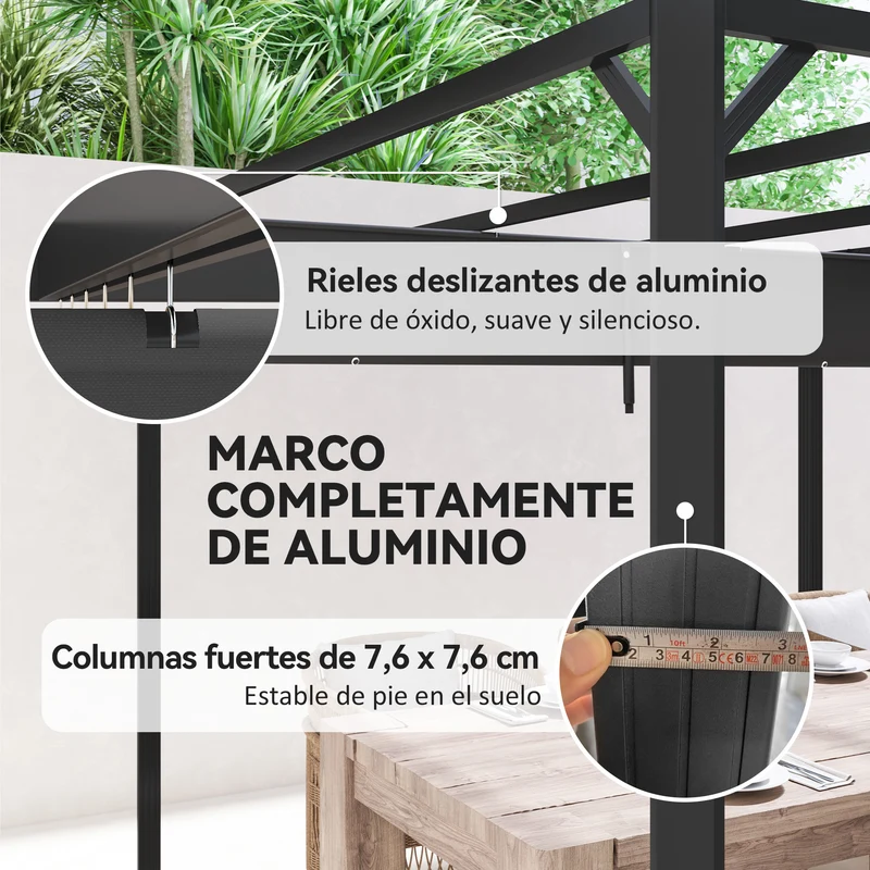 Outsunny Pérgola De Jardín 3x3 M Con Techo Retráctil Y Lateral Enrollable Gris