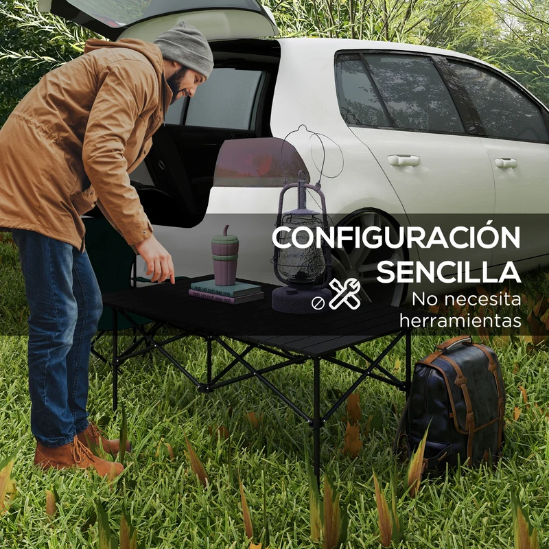 Outsunny Mesa De Camping Plegable Con Tapa Enrollable 95x55x50 Cm Negro