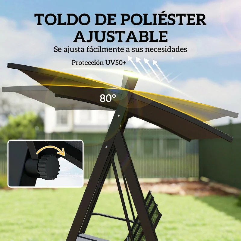 Outsunny Columpio De Jardín De 3 Plazas Con Techo Ajustable Asiento Transpirable