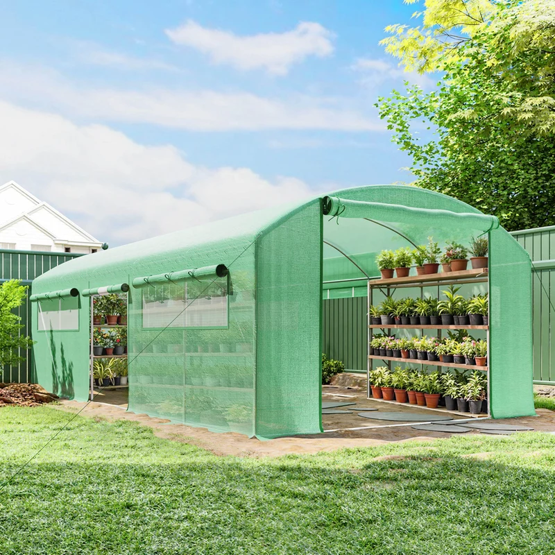 Outsunny Invernadero De Túnel 6x3x2 M Con 3 Puertas Enrollables Y Ventanas Verde