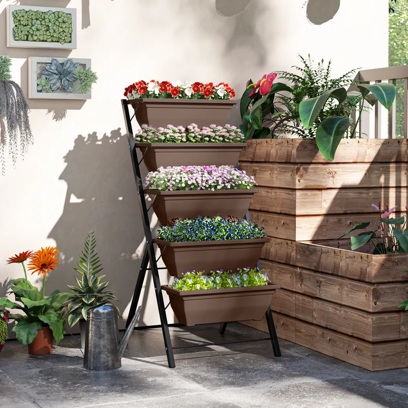 Outsunny Soporte Para Plantas De 5 Niveles Con 5 Macetas 55x63x120 Cm Negro