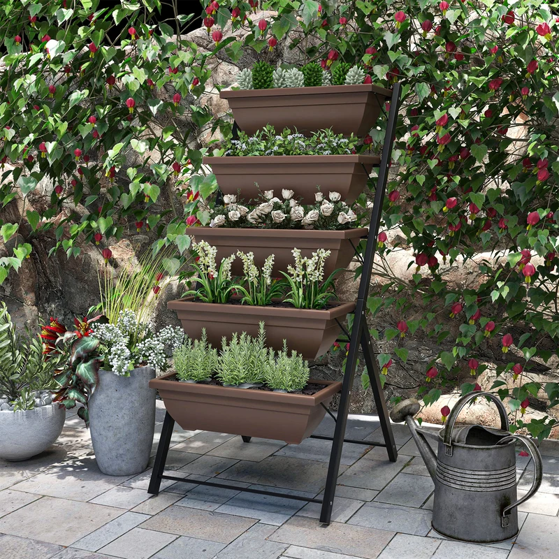 Outsunny Soporte Para Plantas De 5 Niveles Con 5 Macetas 55x63x120 Cm Negro