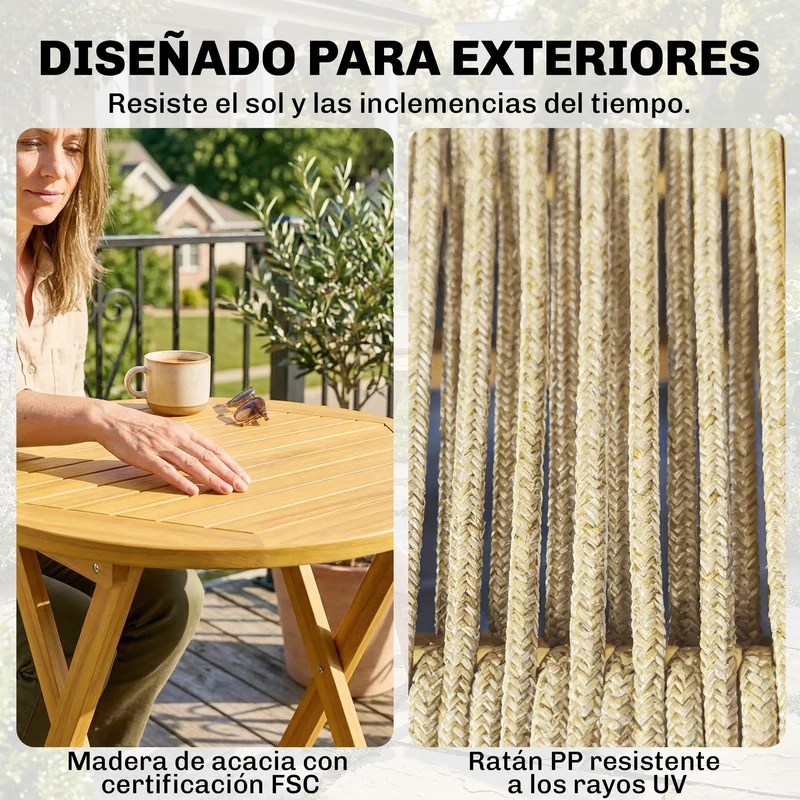 Outsunny Conjunto De Muebles De Jardín Con 2 Sillas Plegables Y Mesa Natural
