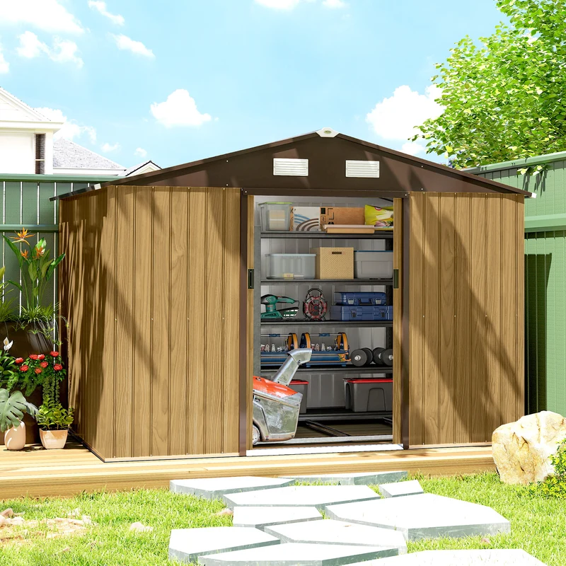 Outsunny Caseta De Jardín Exterior 4,9 M² 277x195x192 Cm Puerta Corredera Marrón