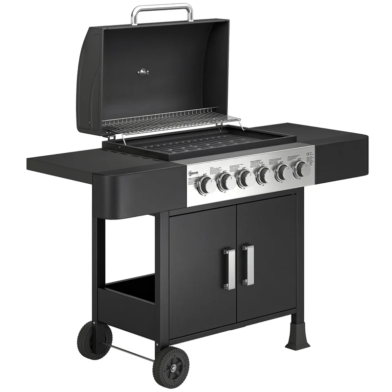 Outsunny Barbacoa De Gas Con 6 Quemadores 15 Kw Termómetro Mesas Laterales Negro