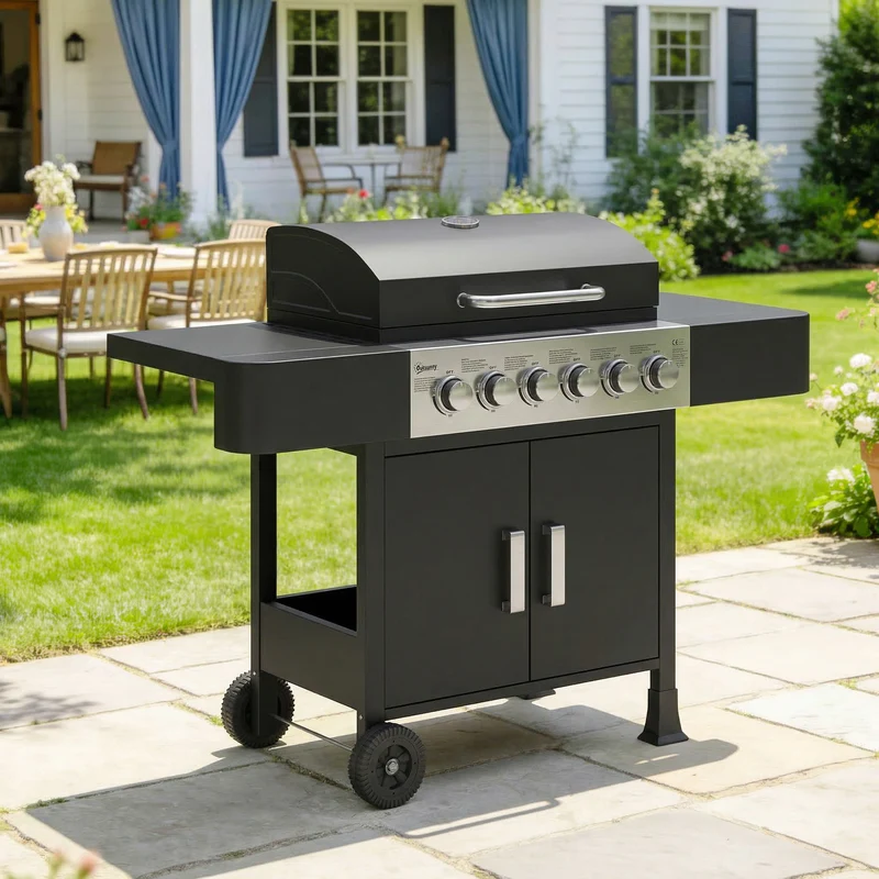 Outsunny Barbacoa De Gas Con 6 Quemadores 15 Kw Termómetro Mesas Laterales Negro