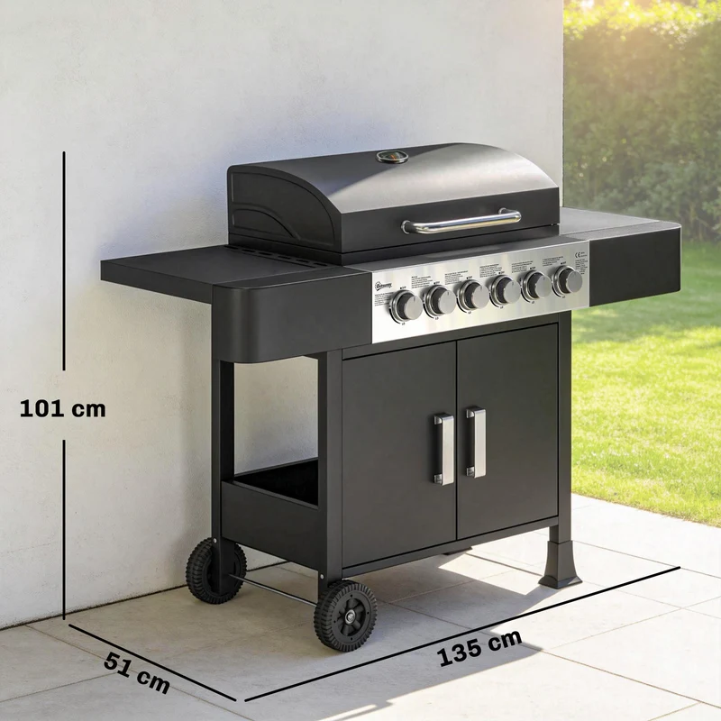 Outsunny Barbacoa De Gas Con 6 Quemadores 15 Kw Termómetro Mesas Laterales Negro