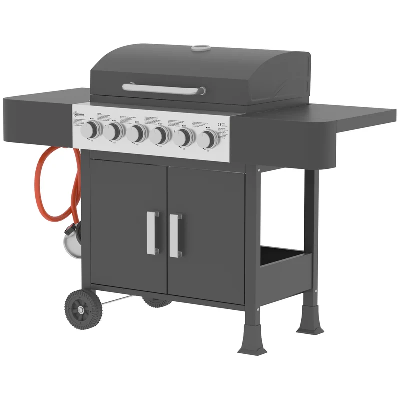 Outsunny Barbacoa De Gas Con 6 Quemadores 15 Kw Termómetro Mesas Laterales Negro