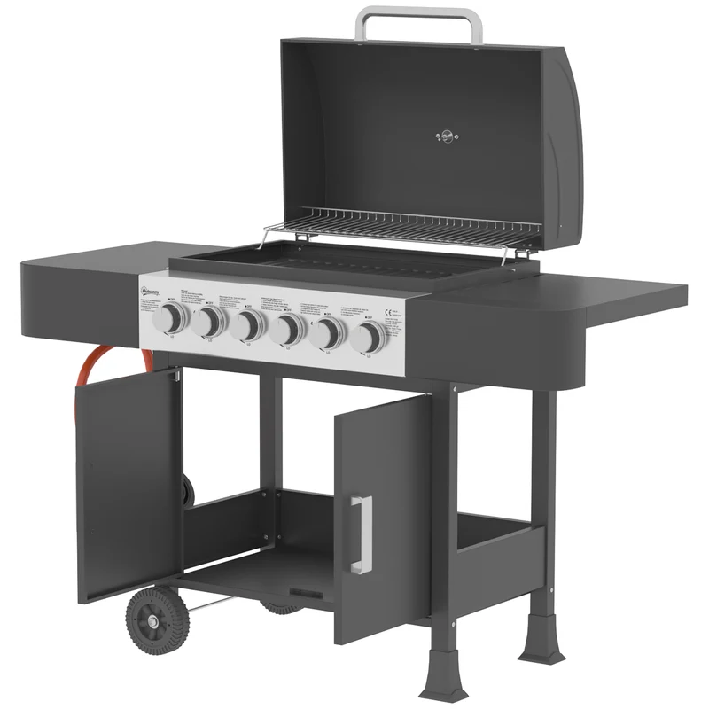 Outsunny Barbacoa De Gas Con 6 Quemadores 15 Kw Termómetro Mesas Laterales Negro