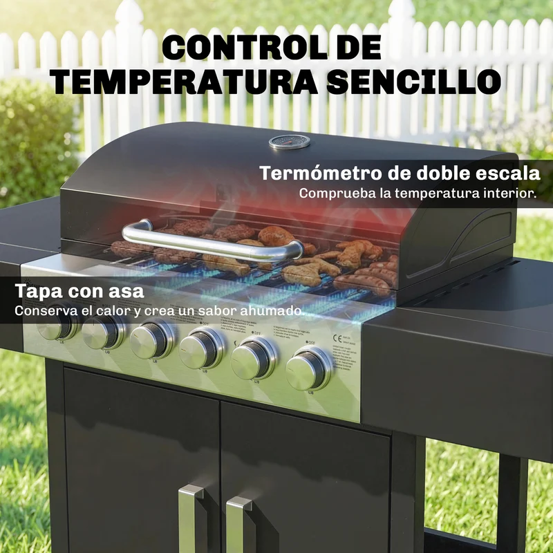 Outsunny Barbacoa De Gas Con 6 Quemadores 15 Kw Termómetro Mesas Laterales Negro