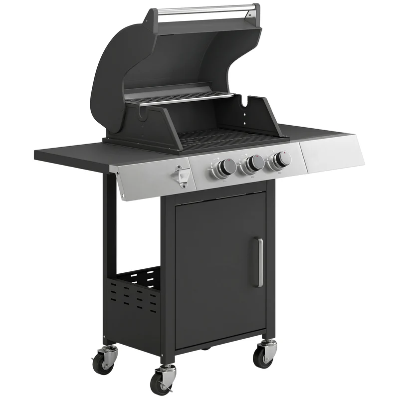 Outsunny Barbacoa De Gas Con 3 Quemadores 8,1 Kw Termómetro Mesas Laterales