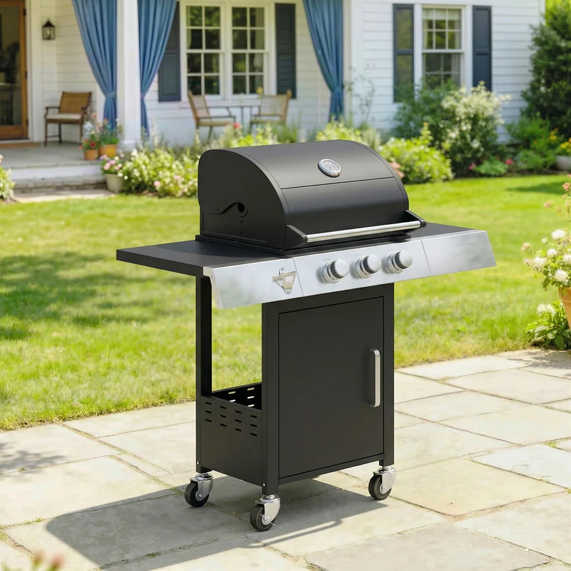 Outsunny Barbacoa De Gas Con 3 Quemadores 8,1 Kw Termómetro Mesas Laterales