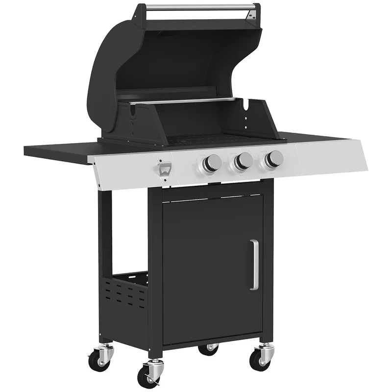 Outsunny Barbacoa De Gas Con 3 Quemadores 8,1 Kw Termómetro Mesas Laterales