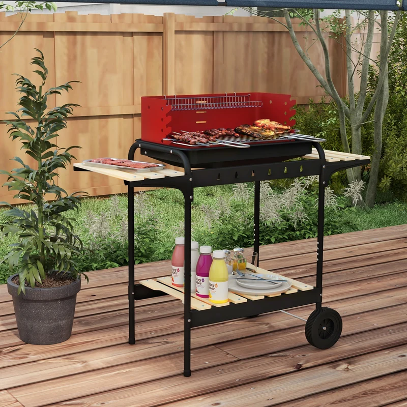 Outsunny Barbacoa De Carbón Con Ruedas Parrilla Ajustable En Altura Rojo
