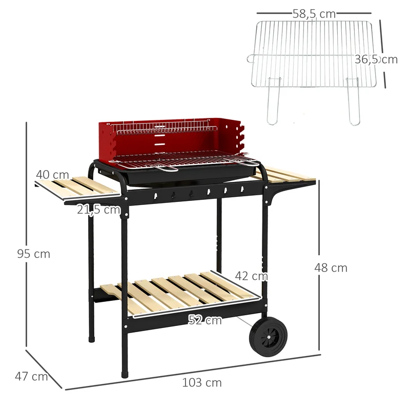 Outsunny Barbacoa De Carbón Con Ruedas Parrilla Ajustable En Altura Rojo