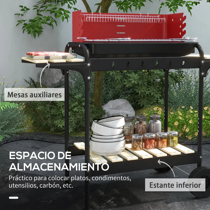 Outsunny Barbacoa De Carbón Con Ruedas Parrilla Ajustable En Altura Rojo
