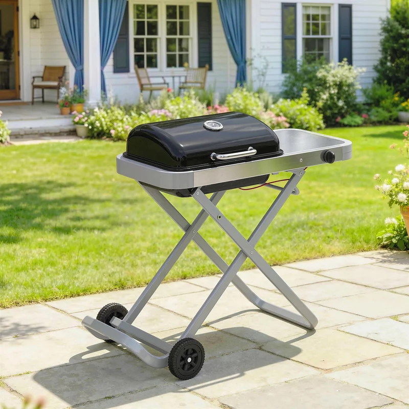 Outsunny Barbacoa De Gas Plegable Con Quemador 2,5 Kw Con Ruedas Mesa Lateral